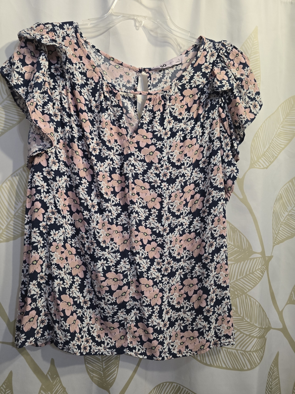 SO Navy Floral Ruffle Sleeve Blouse with Pink & White Flowers
